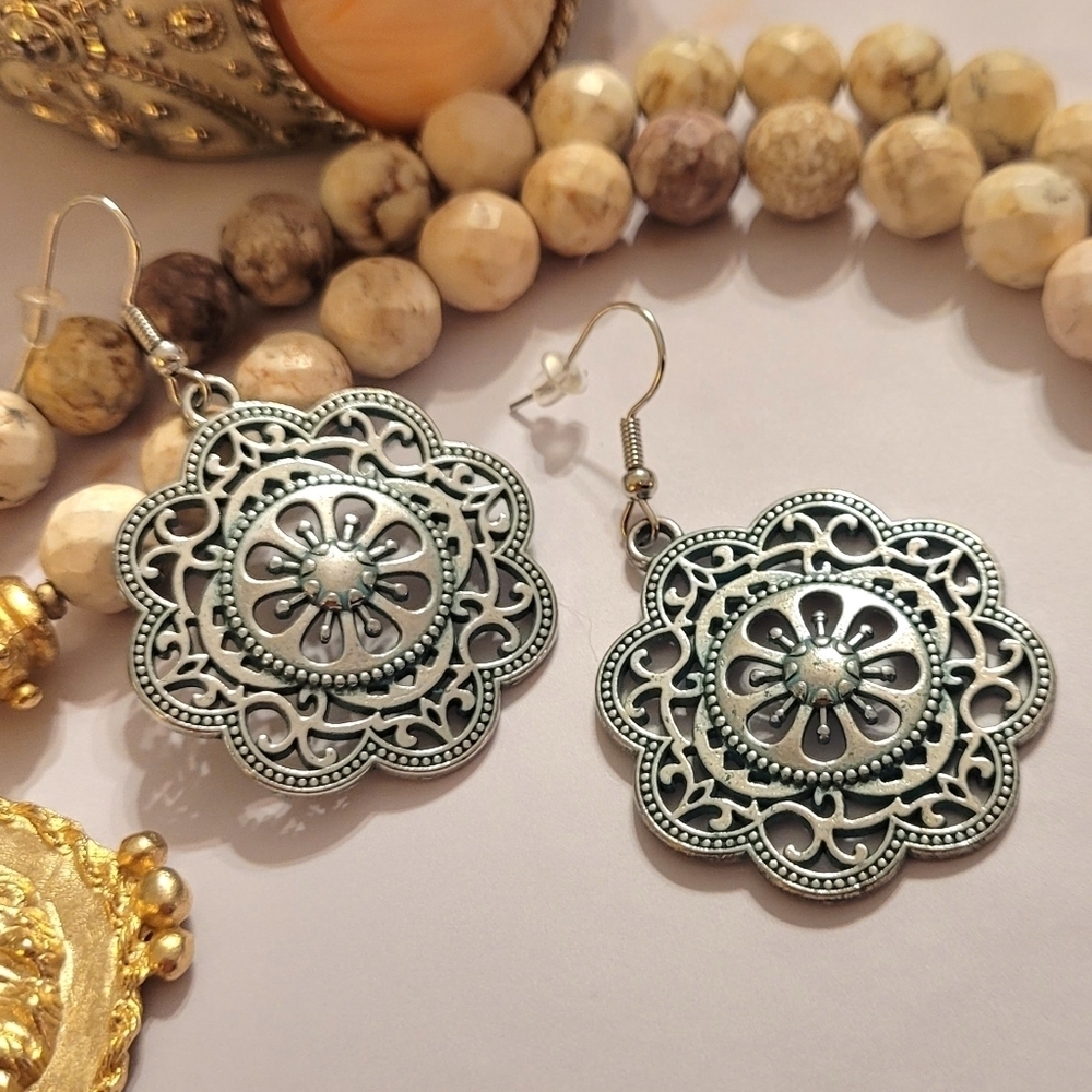 ARTISAN PATINA FILIGREE MEDALLION EARRINGS